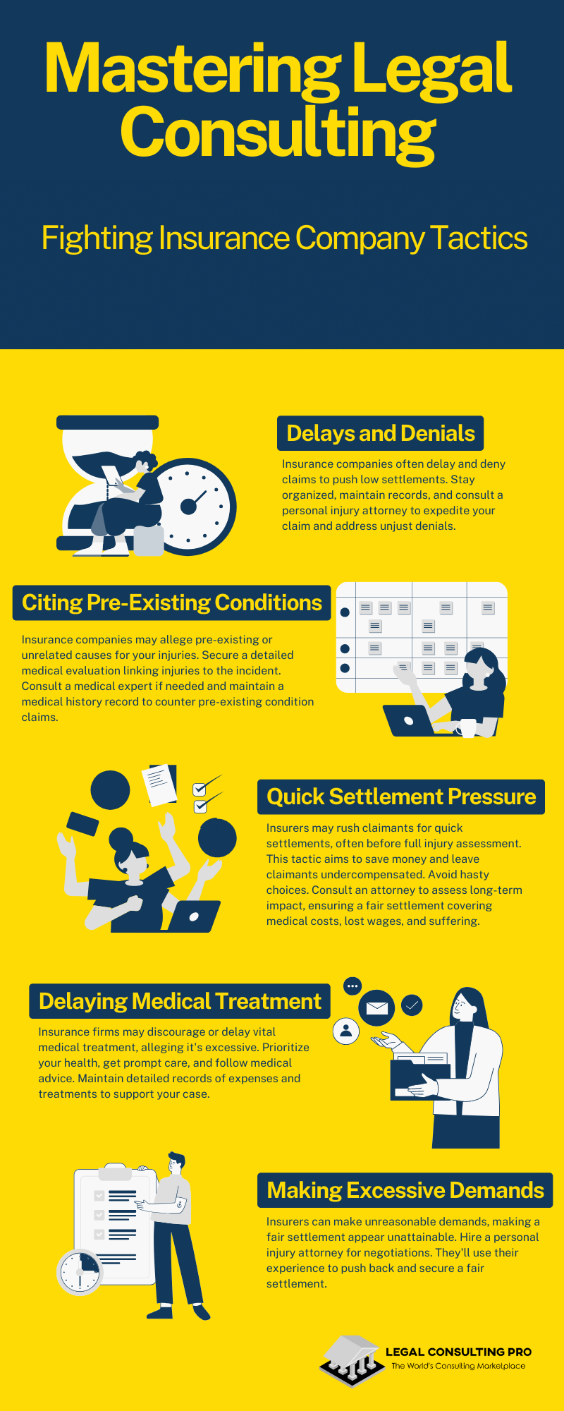 Legal Consulting vs. Insurance Company Tactics in Injury Cases Infographic